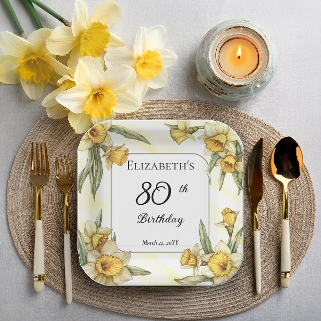 Elegant Yellow Daffodils Floral 80th Birthday Paper Plates (Elegant Yellow Daffodils Floral 80th Birthday Party Square Paper Plates)