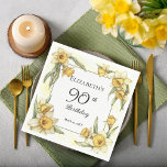 Elegant Yellow Daffodils Floral 90th Birthday Napkins<br><div class="desc">Elegant yellow daffodils floral design "90th Birthday" design featuring a floral square frame of daffodils surrounding a white and green frame on a distressed yellow and white background.</div>