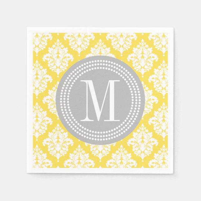 Elegant Yellow Damask Personalized Paper Napkins (Front)