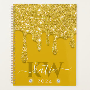 Elegant Yellow Dripping Glitter Monogram Planner