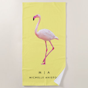 Elegant Yellow Flamingo Monogram Custom Dry Beach Towel