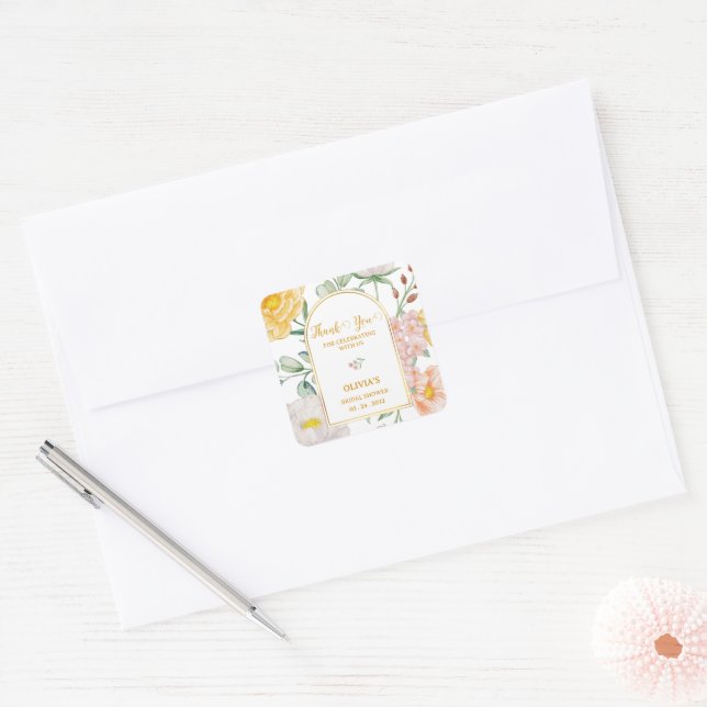 Elegant Yellow Floral Arch Bridal Shower Thank You Square Sticker (Envelope)