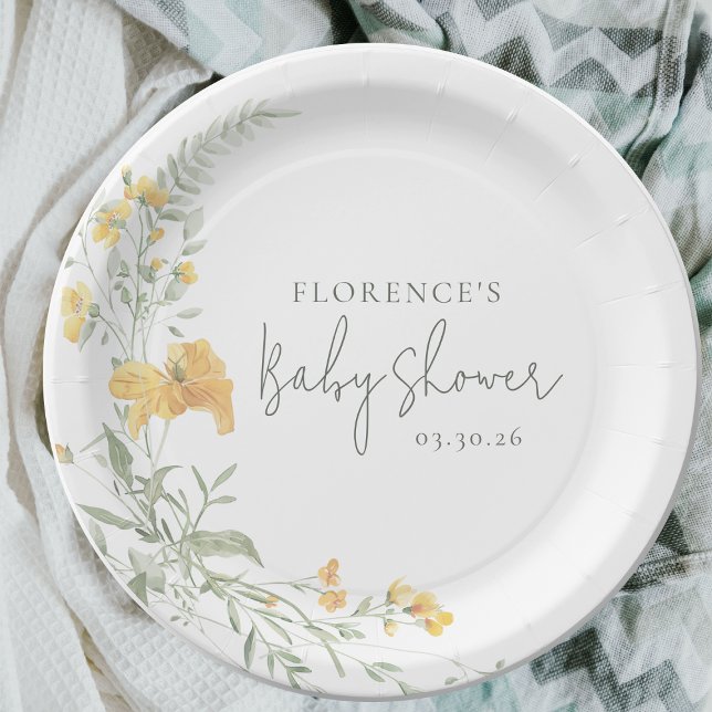 Elegant Yellow Floral Baby Shower Paper Plates (Creator Uploaded)