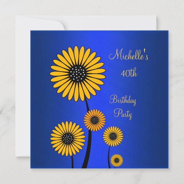 Elegant Yellow Floral Blue 40th Birthday Invitation (Front)