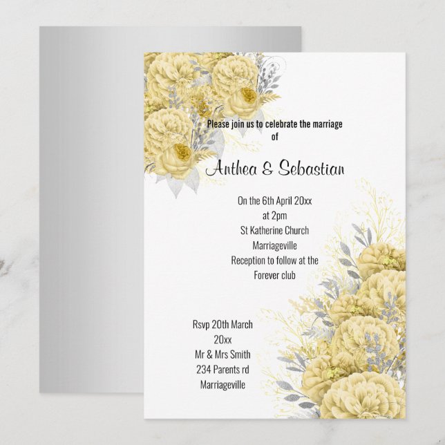 ELEGANT YELLOW FLORAL  BOUQUET  MODERN WEDDING INVITATION (Front/Back)