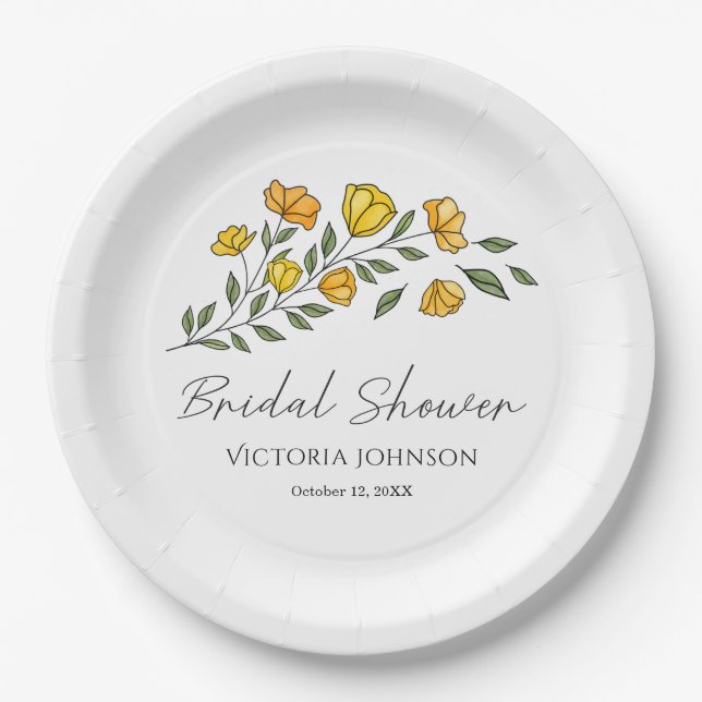  Elegant Yellow Floral Bridal Shower  Paper Plates (Front)