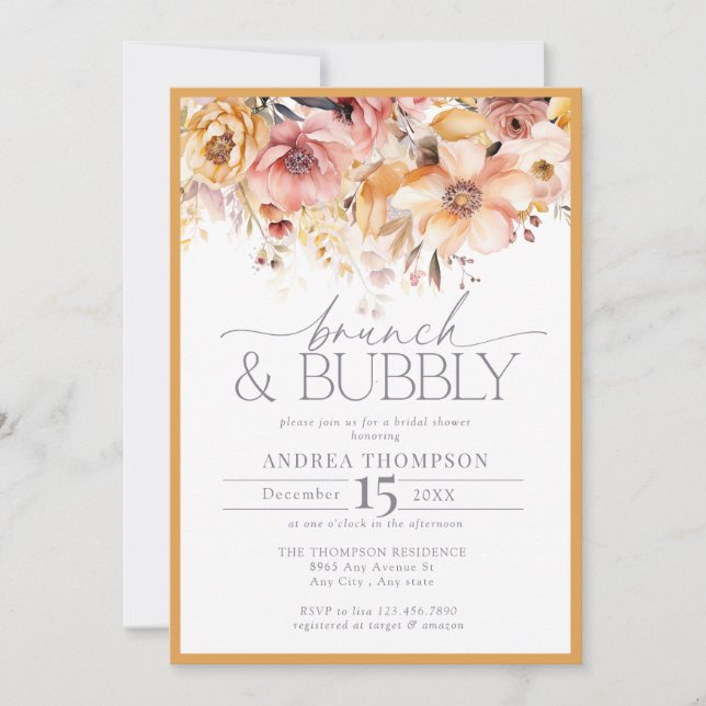 Elegant Yellow Floral Brunch & Bubbly  Invitation (Front)