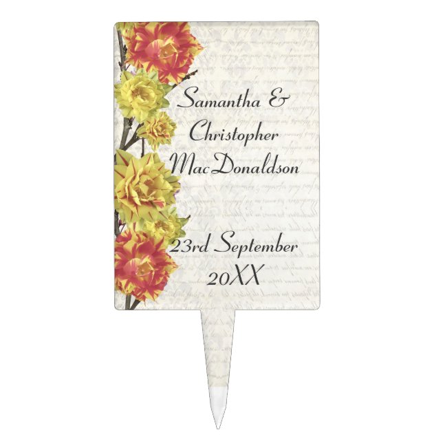 Elegant yellow floral country floral wedding cake topper (Front)