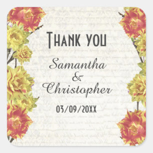Elegant yellow floral country wedding thank you square sticker