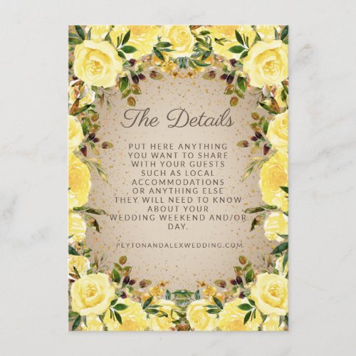 Elegant Yellow Floral Gold Glitter Wedding Details Enclosure Card