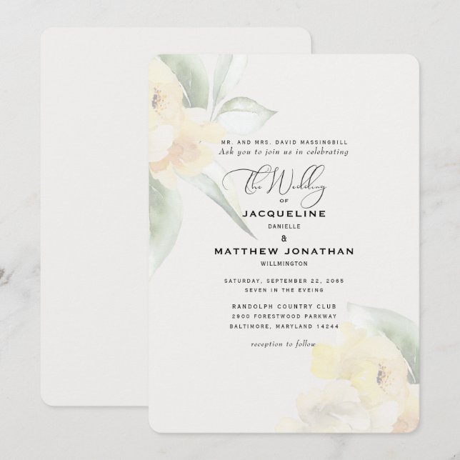 Elegant Yellow Floral Greenery Cream Wedding Invitation (Front/Back)