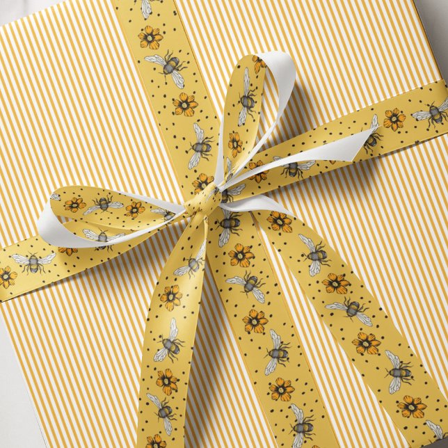 Elegant Yellow Floral Honey Bees & Flowers Grosgrain Ribbon (Elegant Bees, Flowers & Dots Pattern in Chic Mustard Yellow. Hand Drawn Honeybees & Spring Flowers.)