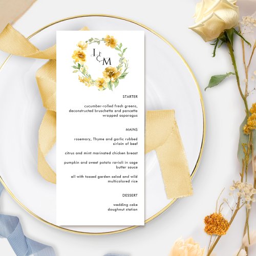 Elegant Yellow Floral Monogram Wedding Menu