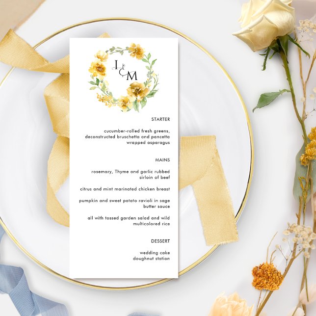 Elegant Yellow Floral Monogram Wedding Menu (Creator Uploaded)