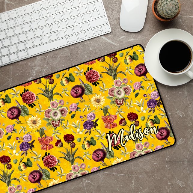 Elegant yellow Floral pattern monogram  Desk Mat (Creator Uploaded)