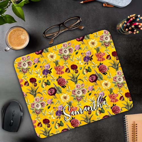 Elegant yellow Floral pattern monogram Mouse Pad