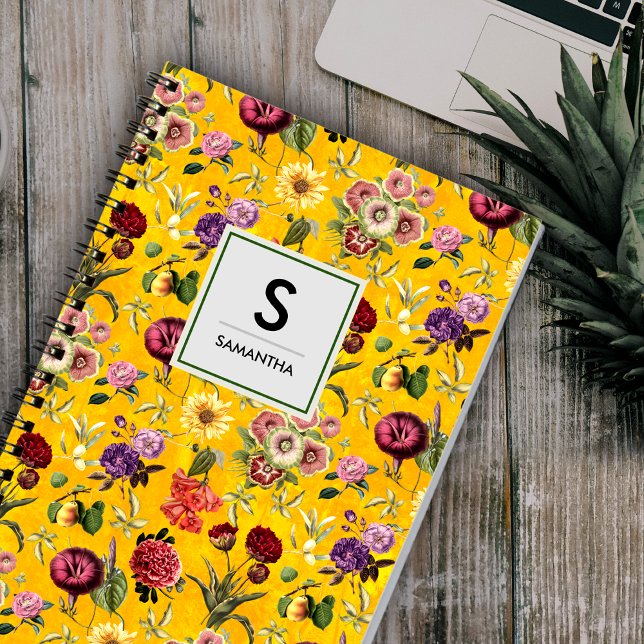 Elegant yellow Floral pattern monogram Notebook (Creator Uploaded)