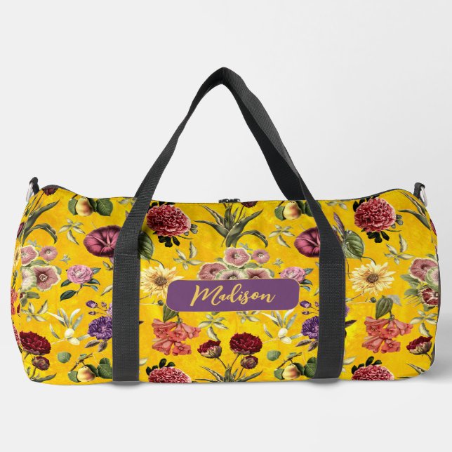 Elegant yellow Floral pattern monogram Printed Duffle Bag (Front)