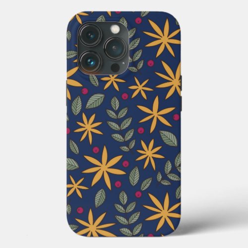 Elegant Yellow Floral Pattern on Blue iPhone 13 Pro Case