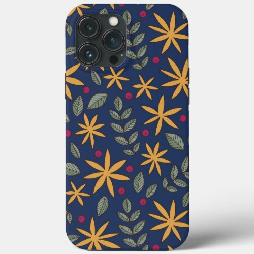 Elegant Yellow Floral Pattern on Blue iPhone 13 Pro Max Case