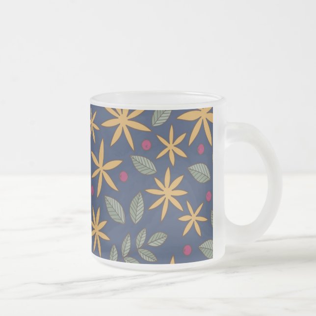 Elegant Yellow Floral Pattern on Blue Frosted Glass Coffee Mug (Right)