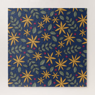 Elegant Yellow Floral Pattern on Blue Jigsaw Puzzle