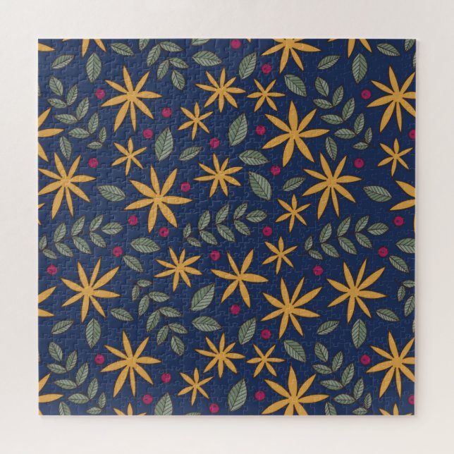 Elegant Yellow Floral Pattern on Blue Jigsaw Puzzle (Horizontal)
