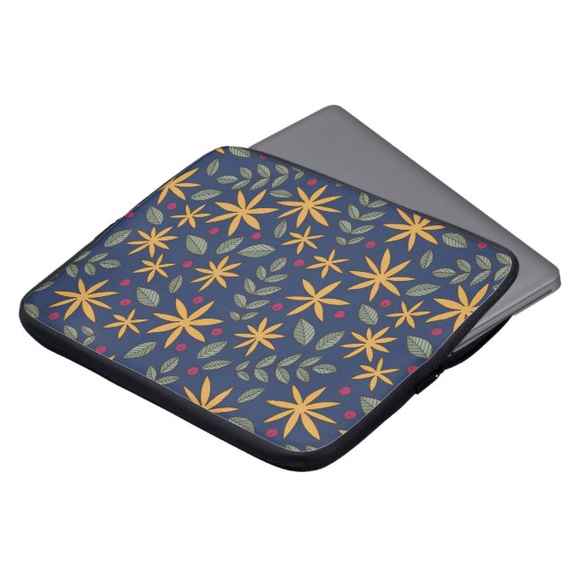 Elegant Yellow Floral Pattern on Blue Laptop Sleeve (Front Top)
