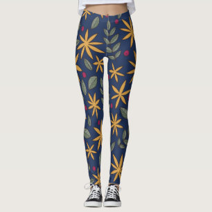 Elegant Yellow Floral Pattern on Blue Leggings