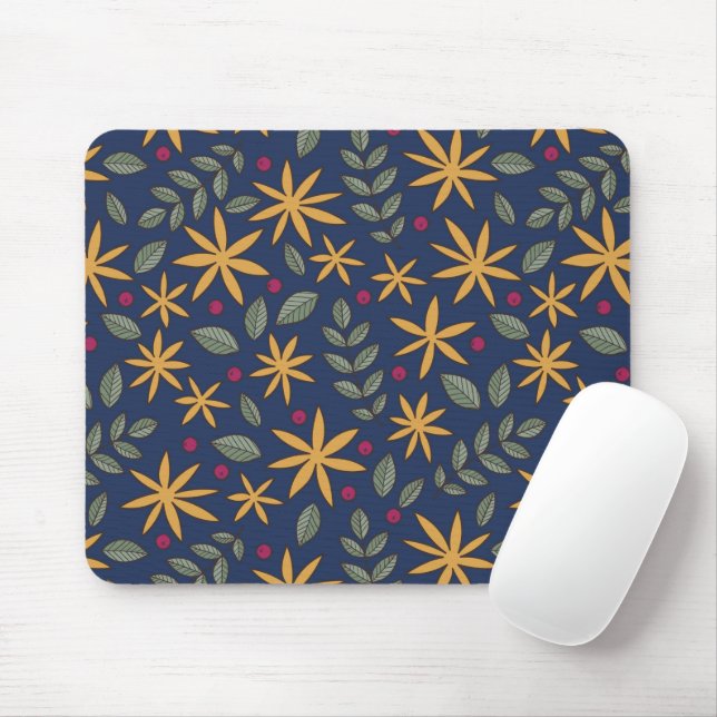 Elegant Yellow Floral Pattern on Blue Mouse Pad (With Mouse)