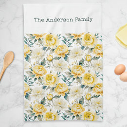 Elegant Yellow Floral Peony Chrysanthemum Custom Kitchen Towel