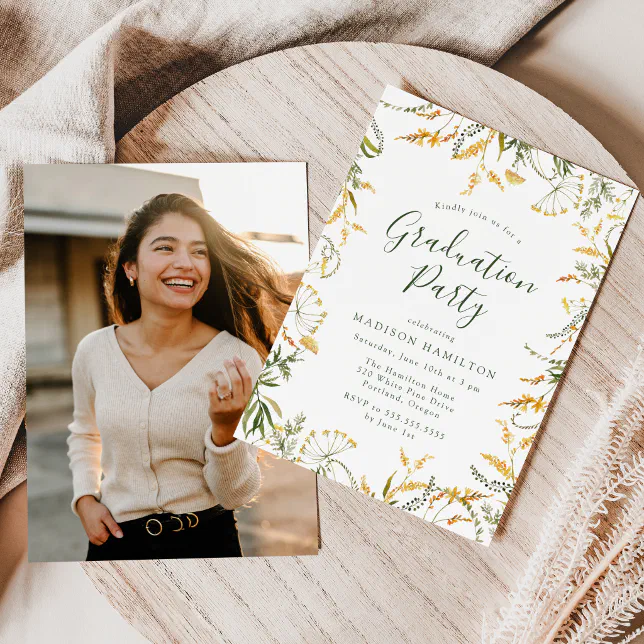 Elegant Yellow Floral Photo Graduation Party Invitation | Zazzle