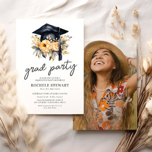 Elegant Yellow Floral Photo Graduation Party Invitation