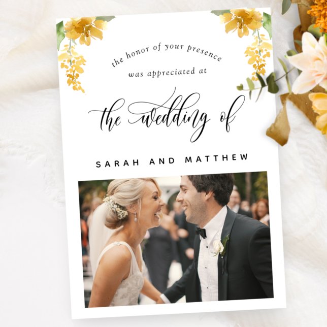 Elegant Yellow Floral, Photo Wedding Flat Thank You Card (Creator Uploaded)