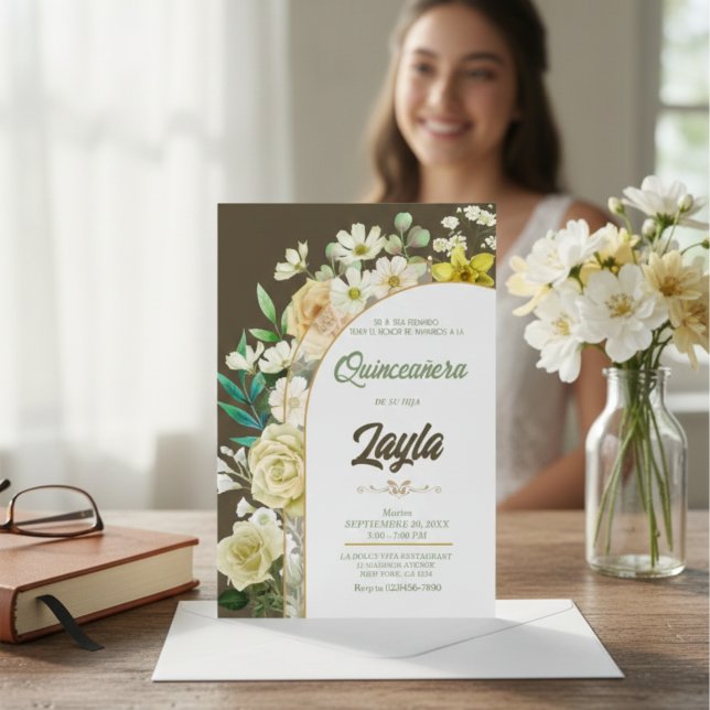 Elegant Yellow Floral Quinceañera Invitation  (Elegant Yellow Floral Quinceañera Invitation)