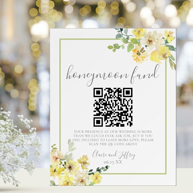 Elegant Yellow Floral Sage Green Honeymoon Fund Foam Board (Creator Uploaded)