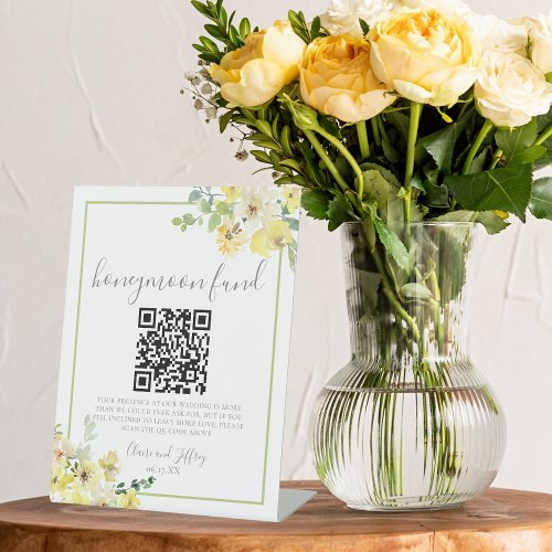 Elegant Yellow Floral Sage Green Honeymoon Fund Pedestal Sign