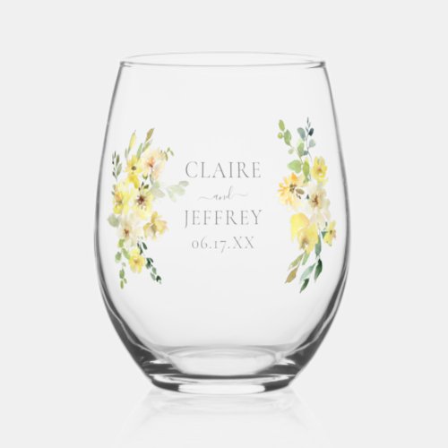 Elegant Yellow Floral Sage Green Summer Wedding Stemless Wine Glass
