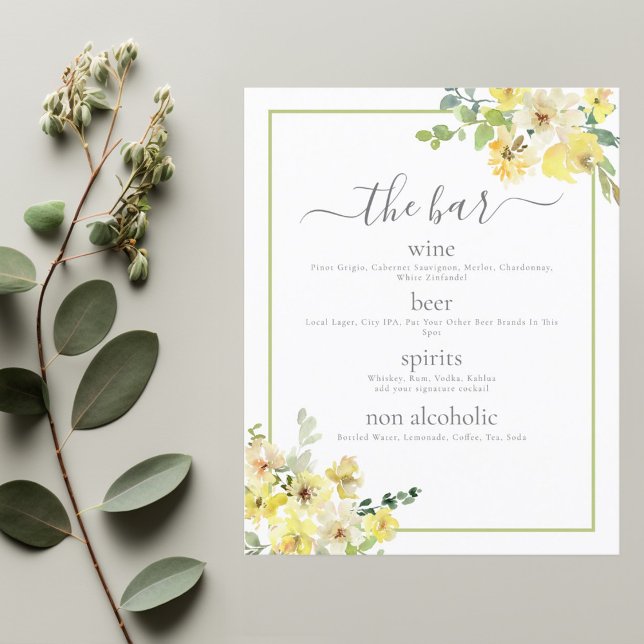 Elegant Yellow Floral Sage Green Wedding Bar Menu (Creator Uploaded)