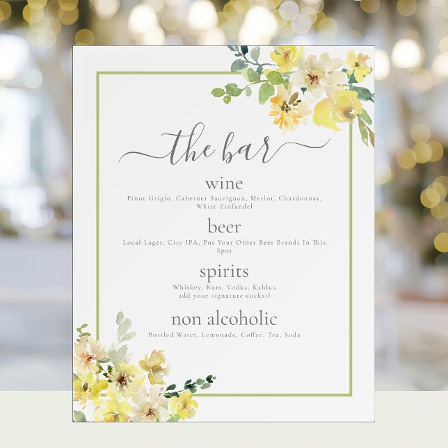 Elegant Yellow Floral Sage Green Wedding Bar Menu Foam Board (Creator Uploaded)
