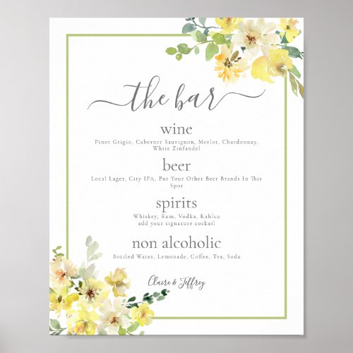 Elegant Yellow Floral Sage Green Wedding Bar Menu Poster