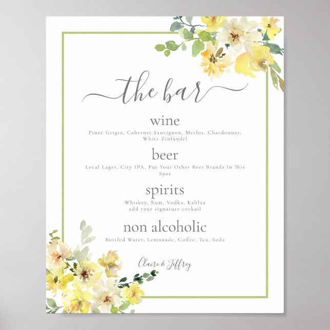 Elegant Yellow Floral Sage Green Wedding Bar Menu Poster (Front)