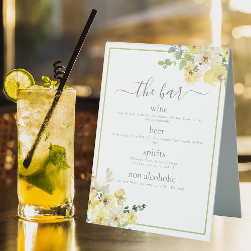 Elegant Yellow Floral Sage Green Wedding Bar Menu Table Tent Sign