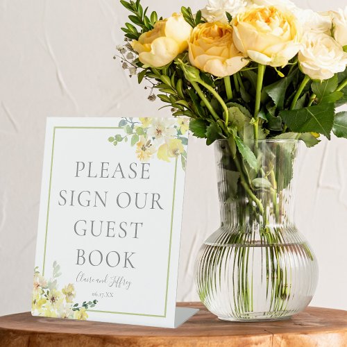 Elegant Yellow Floral Sage Wedding Guest Book Pedestal Sign