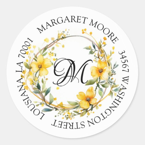 Elegant Yellow Floral Script Monogram Address Classic Round Sticker