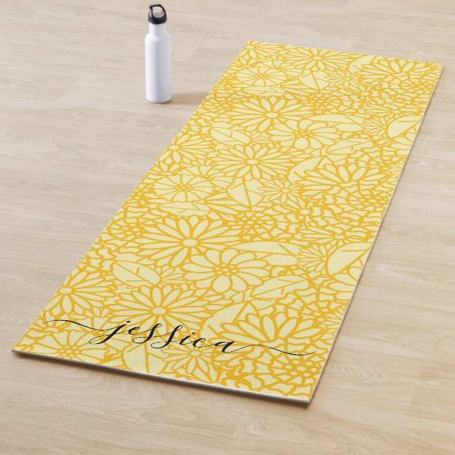 Elegant yellow floral script name yoga mat (In Situ)