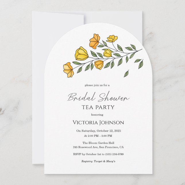 Elegant Yellow Floral Tea Party Shower Invite (Front)