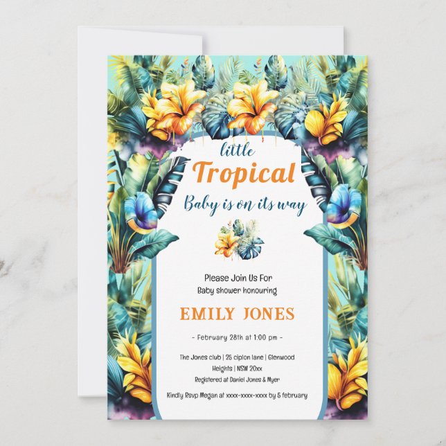Elegant yellow floral tropical arch baby shower invitation (Front)