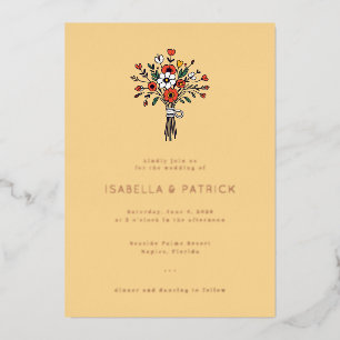 Elegant Yellow Floral Wedding Bouquet Foil Invitation