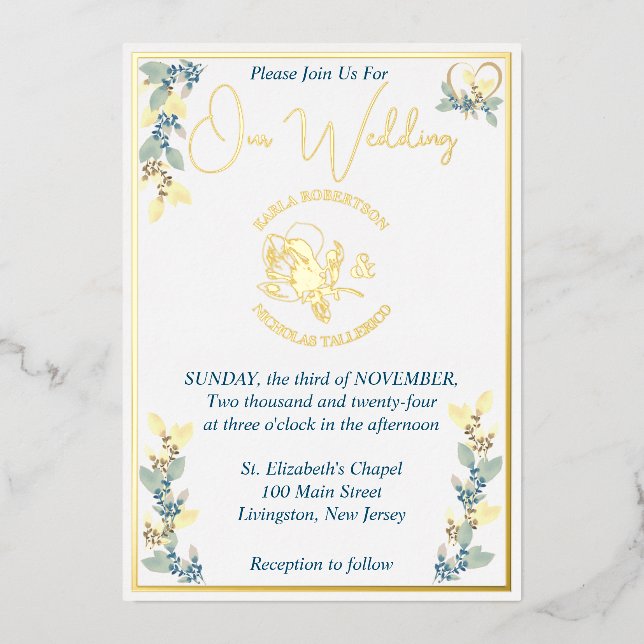 Elegant Yellow Floral Wedding Foil Invitation (Front)